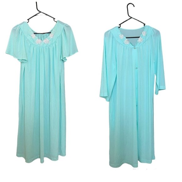 Vintage Shadowline Aqua Nylon Nightgown & Robe Silky Roses Embroidery Small Mcm - Picture 1 of 16